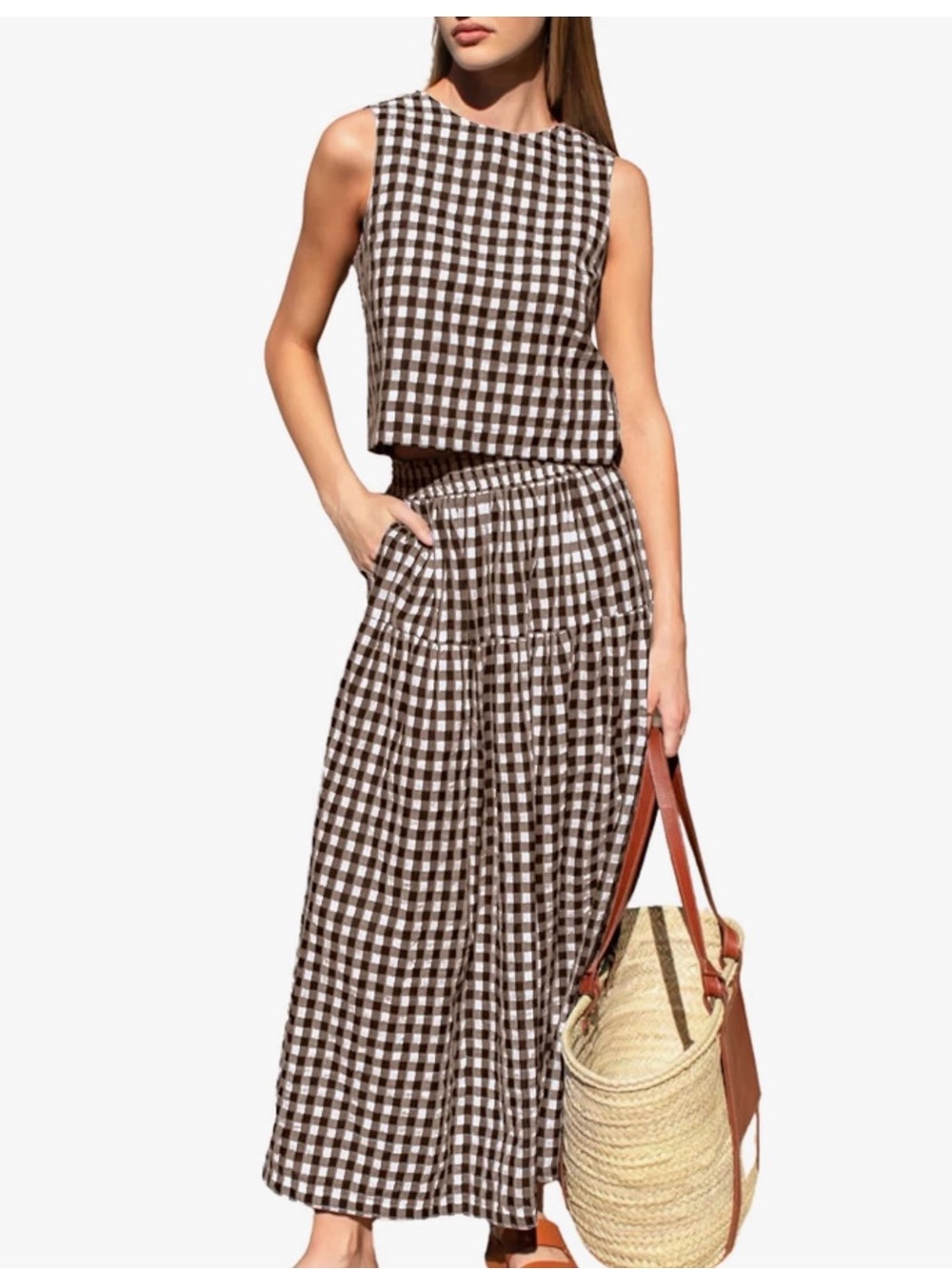 Amazon Brown and White Gingham Maxi Dress